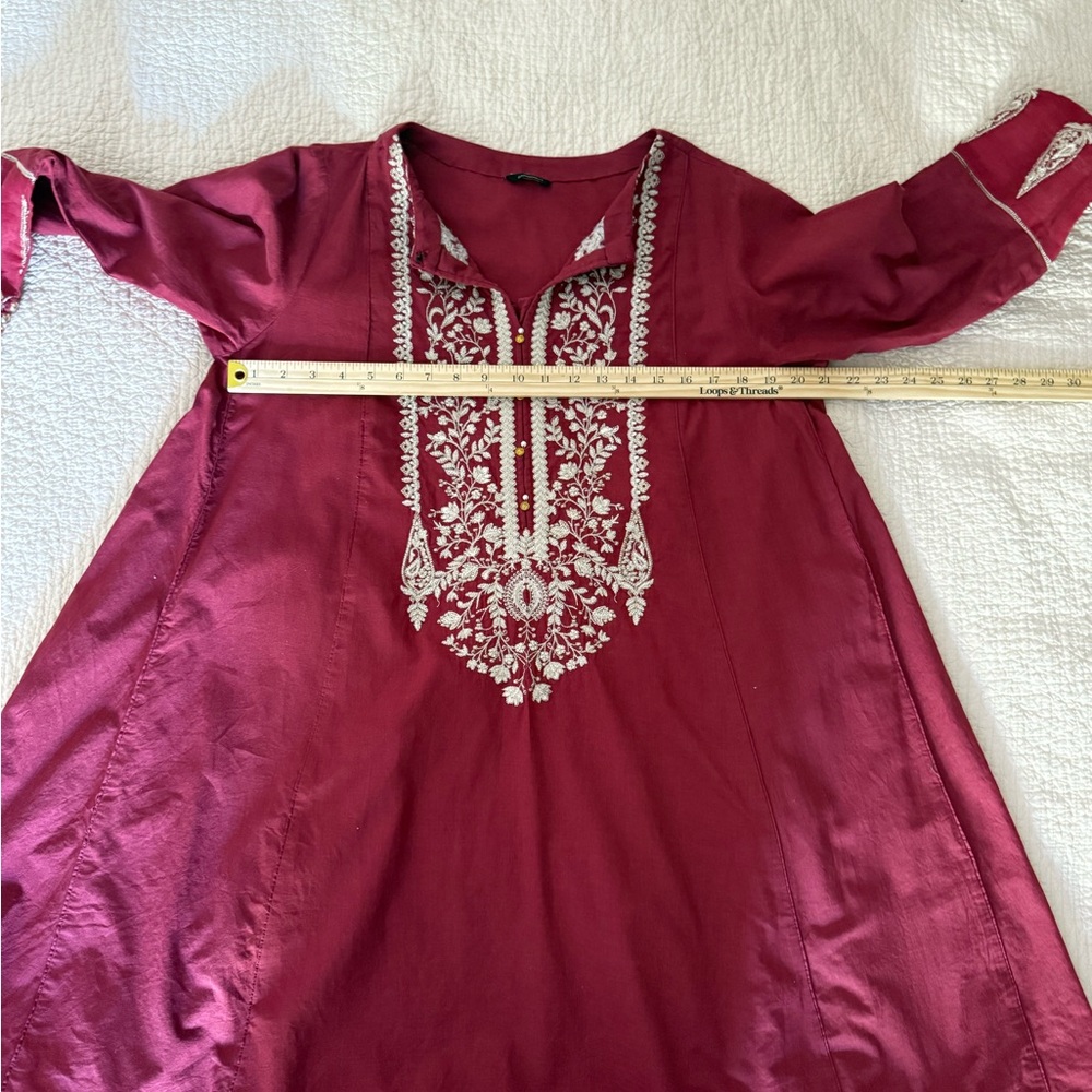 Sapphire Burgundy Cotton Tunic Top Gold Embroidery Long Sleeved‎ Dress - Picture 3 of 13